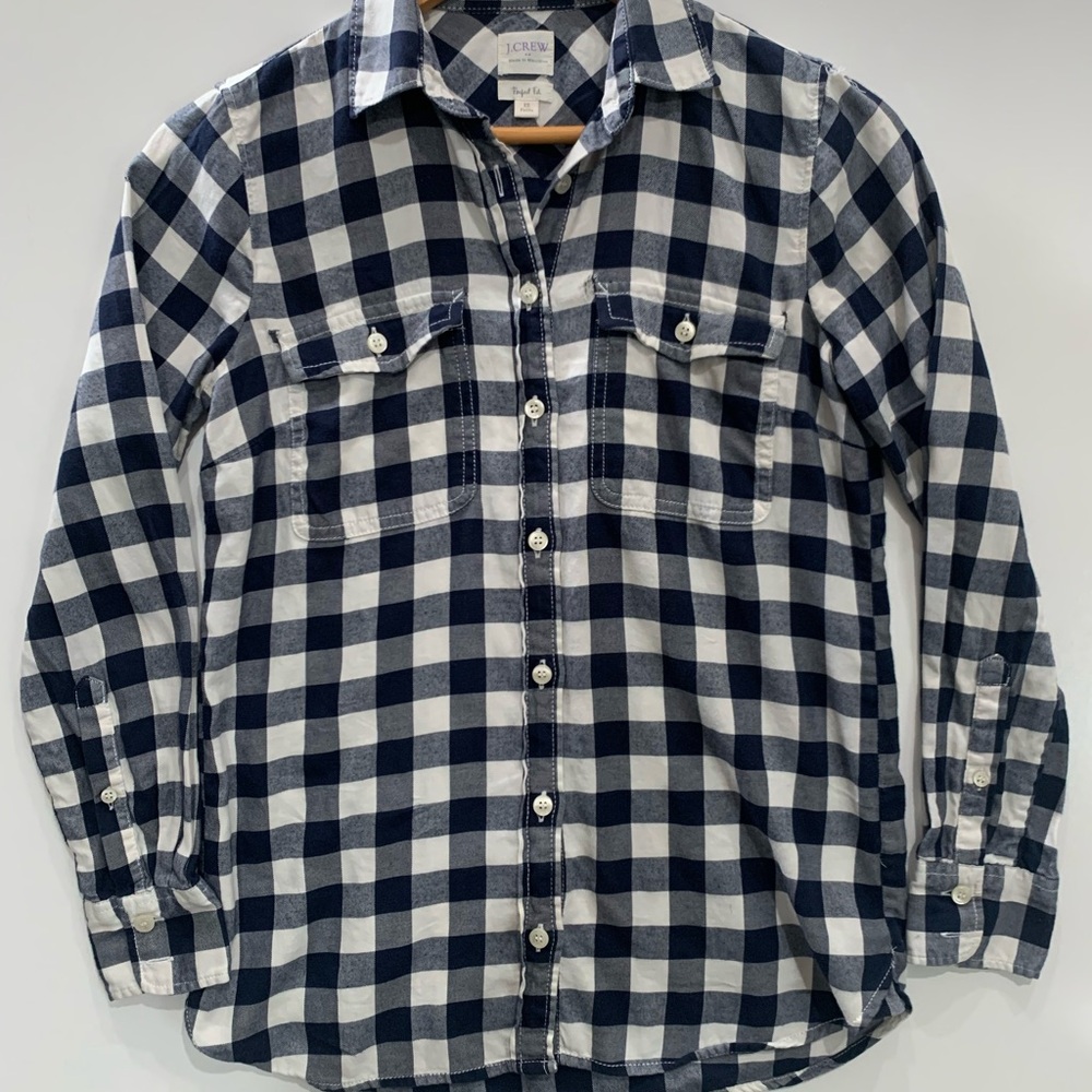 J. Crew Blue and White Checkered Shirt size XS petite
